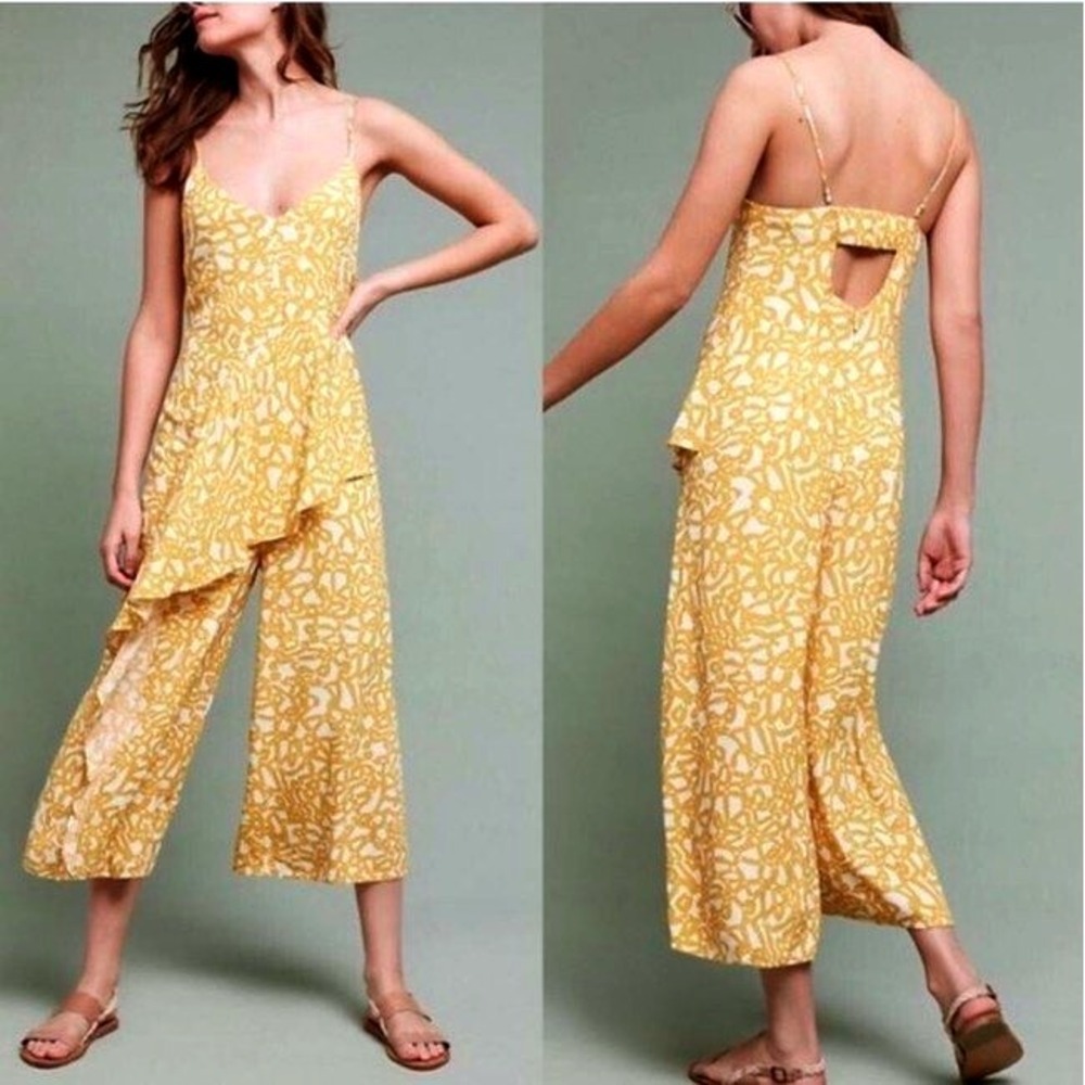 Maeve Anthropologie Jumpsuit Size 2 Yellow‎ White Ruffle Sleeveless Casual
